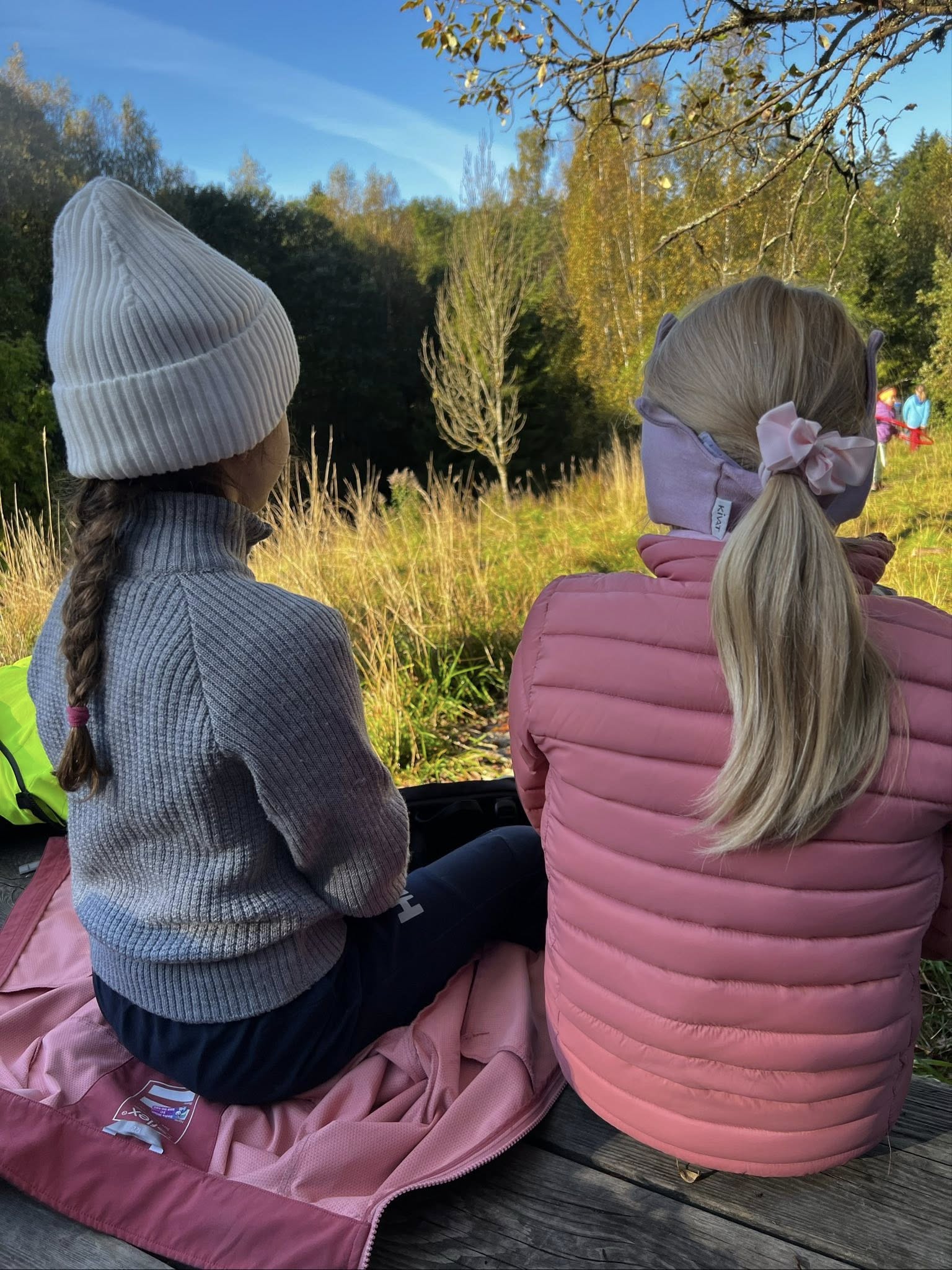 en gruppe barnr som sitter på en benk og ser på et jorde