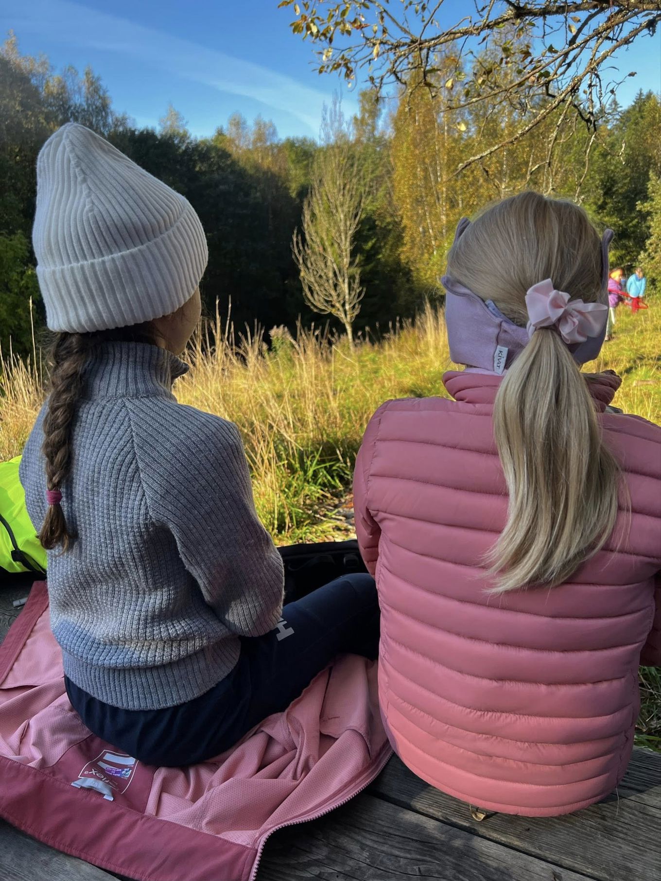 en gruppe barnr som sitter på en benk og ser på et jorde