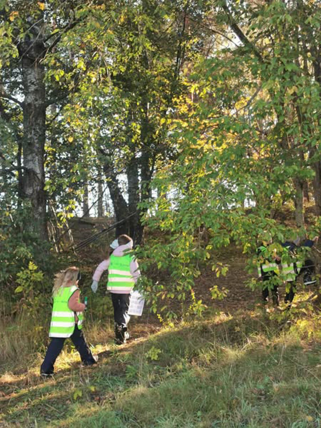 En gruppe barn som går gjennom en skog